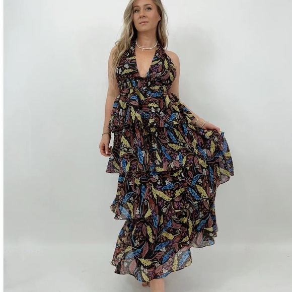 MEET ME IN SANTORINI FLORAL HALTER TIERED RUFFLE FOREST FAIRY MAXI DRESS SIZE XS - Picture 7 of 15